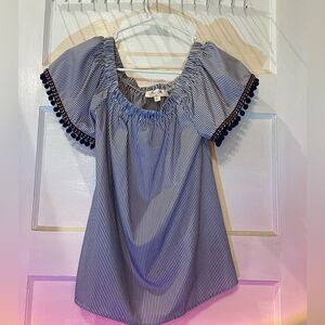 Peach Love Navy Striped Pom Pom Shirt